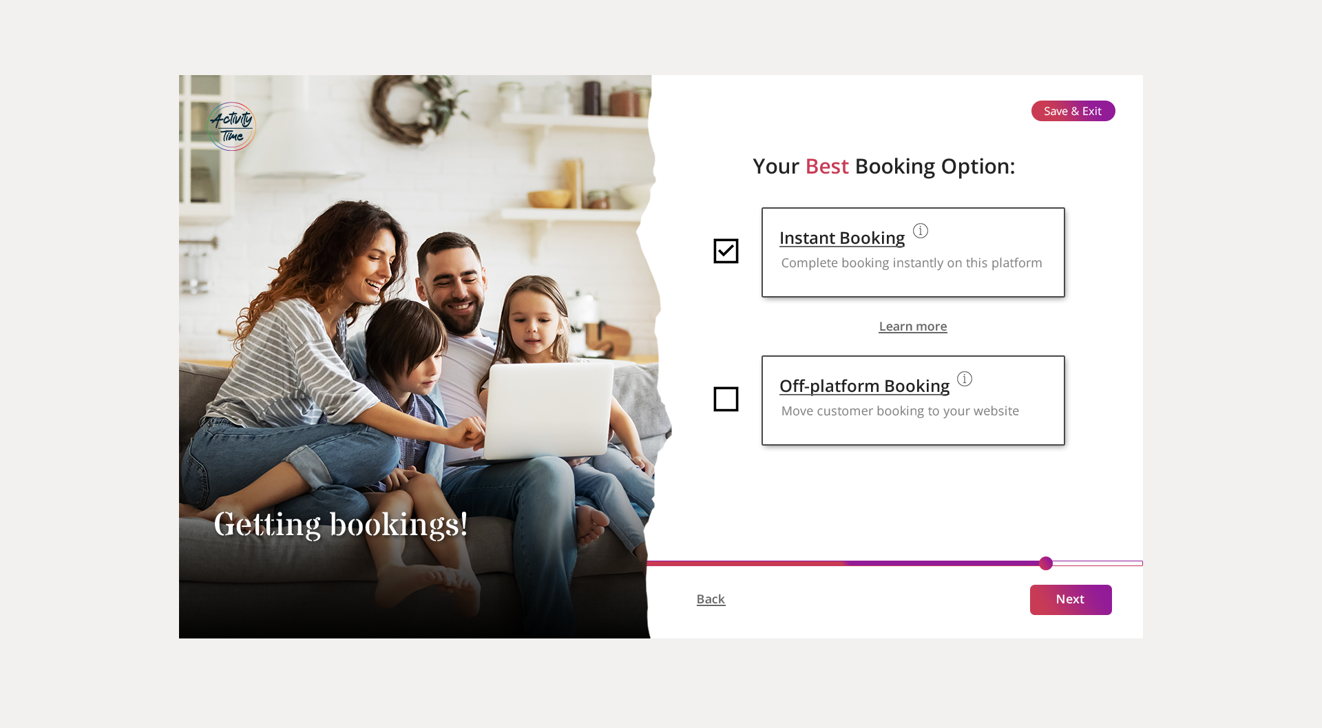 Activity Time provider setup offering instant booking or booking on the provider website