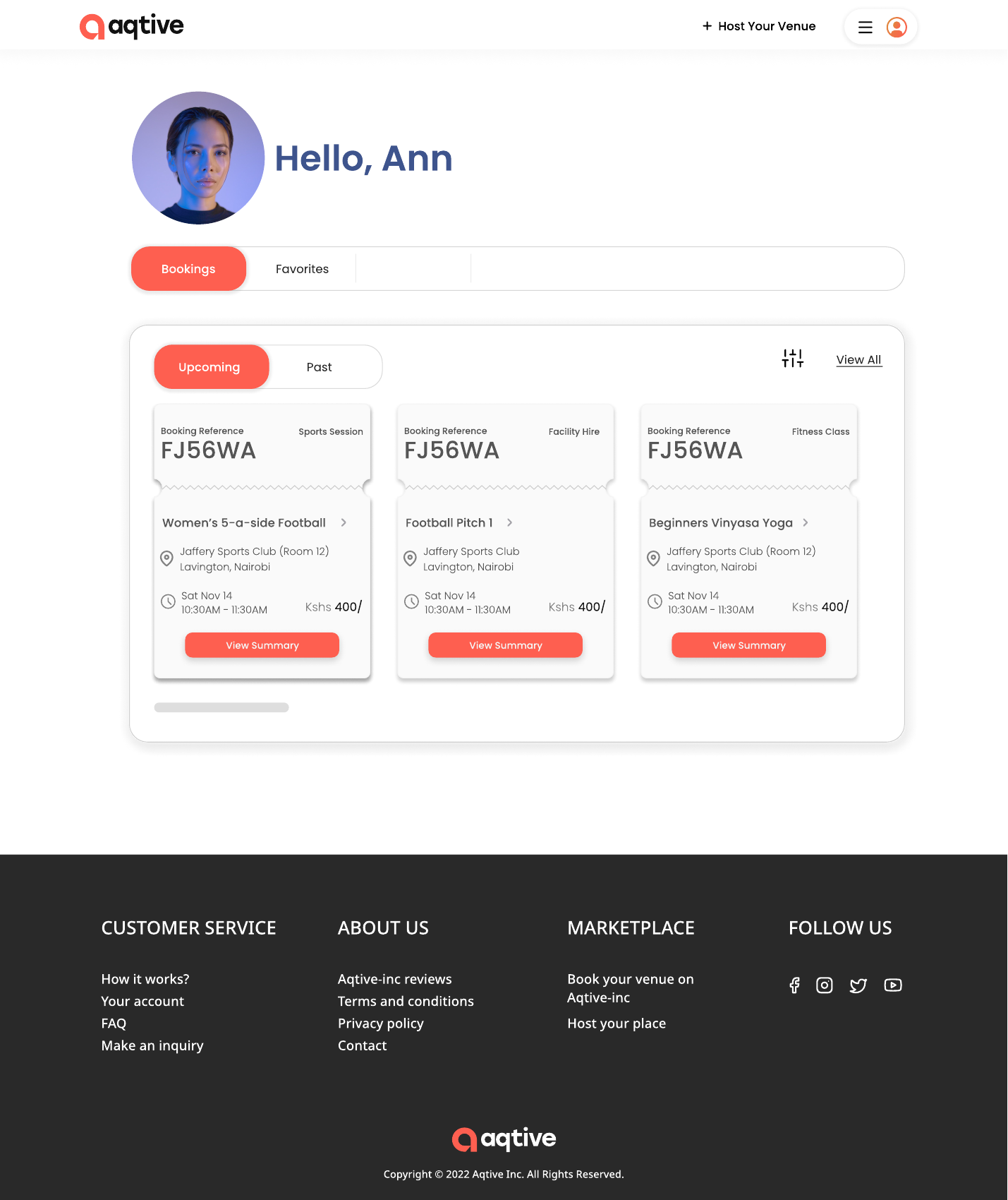 Aqtive customer proposal with upcoming and past bookings and session summaries