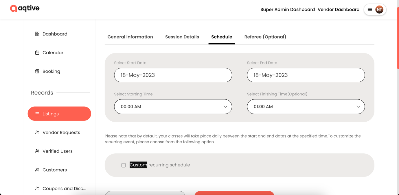 Aqtive provider scheduling screen with dates, time and recurrence settings