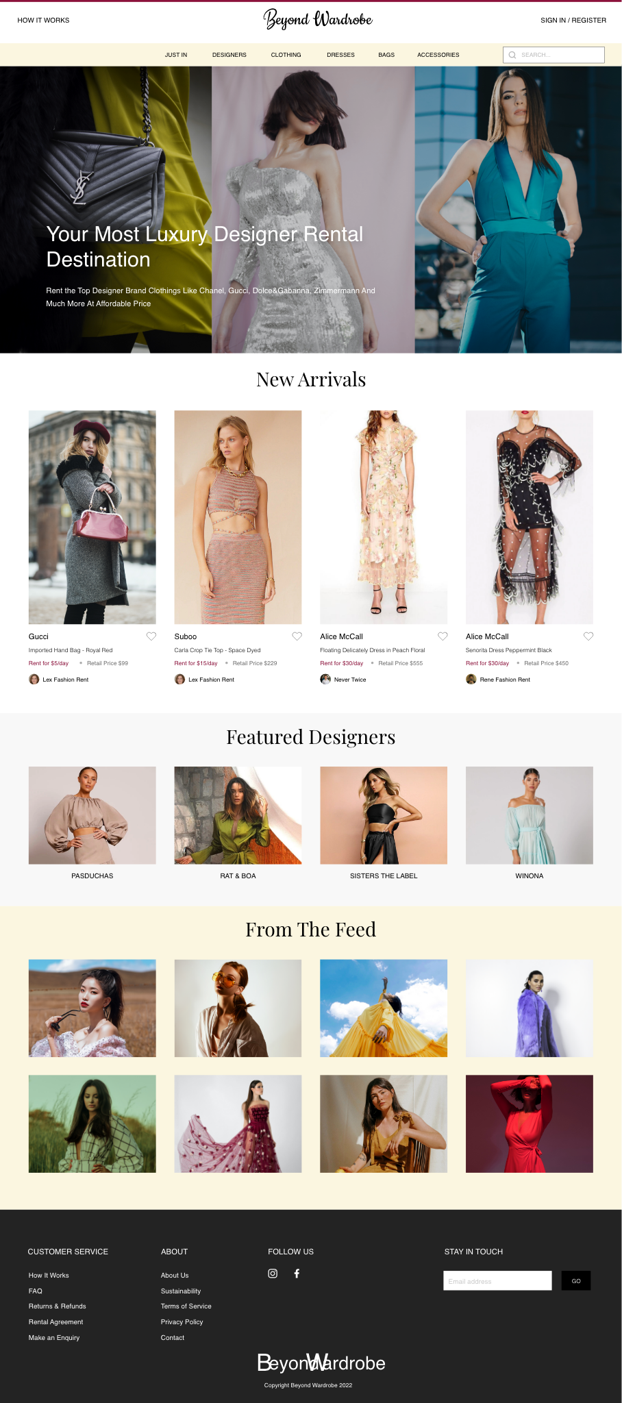 Beyond Wardrobe homepage design with clothing discovery, rental prices and designer collections