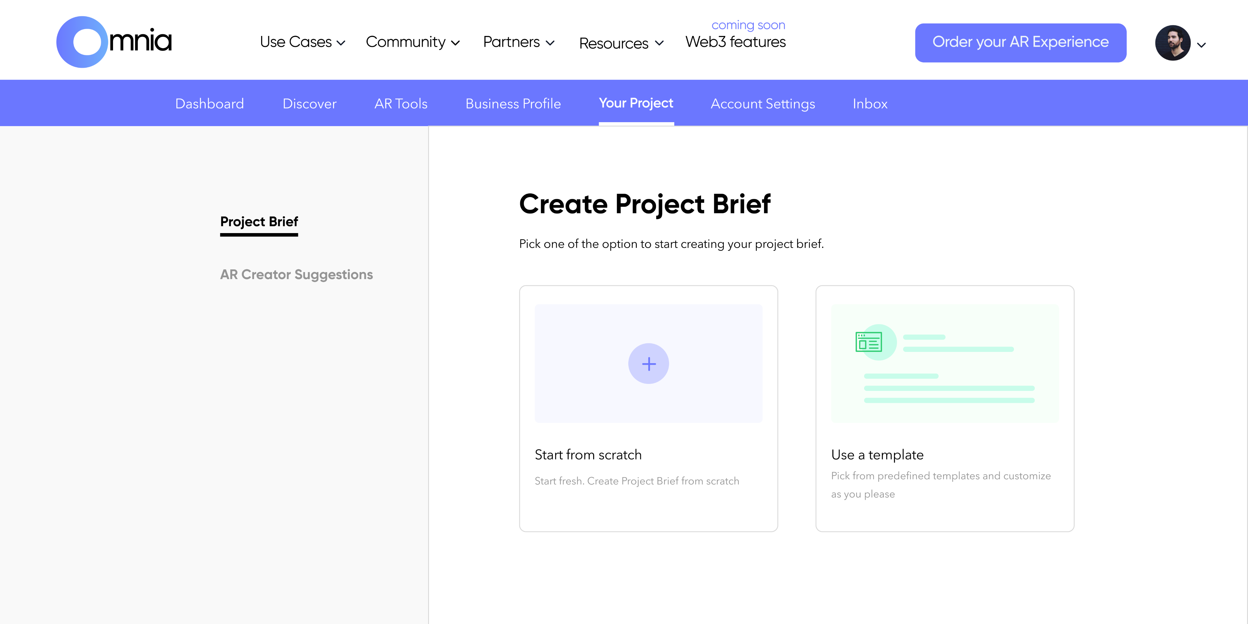 Omnia project workspace offering a brief from scratch or from a template