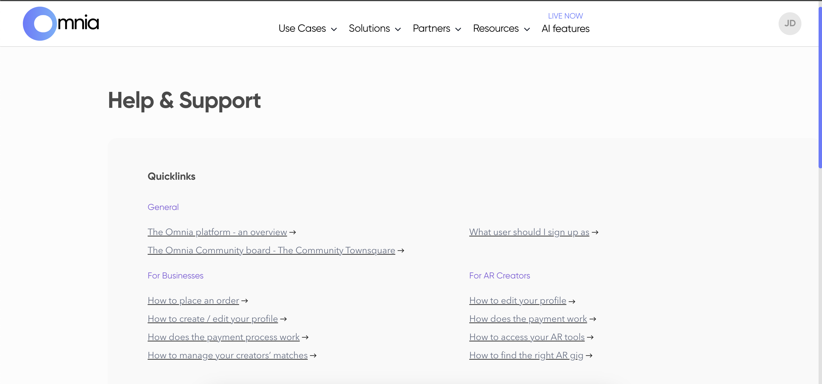 Omnia help page grouped into general, business and AR creator topics