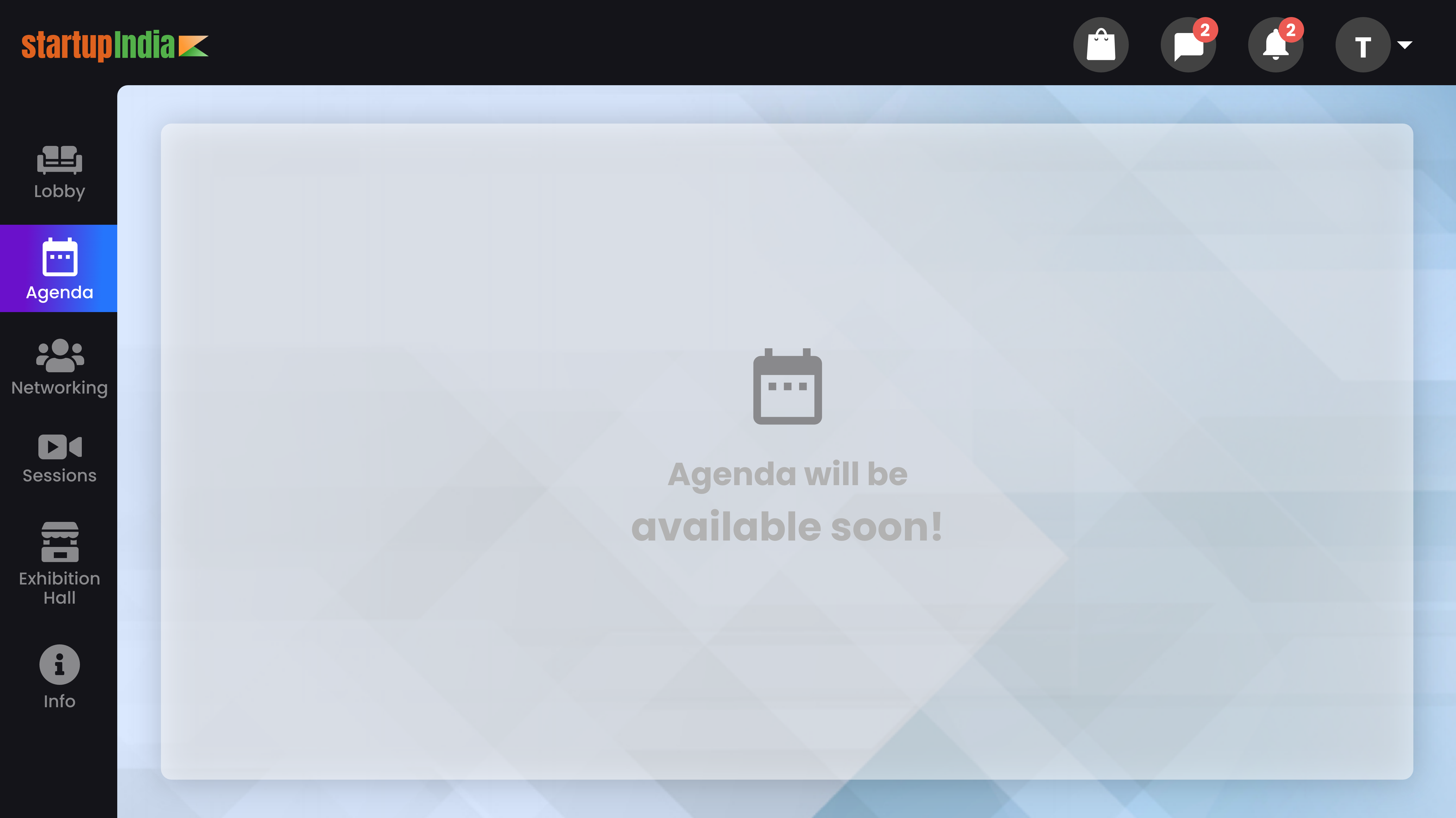 Archived event platform prototype with navigation and an agenda not yet published